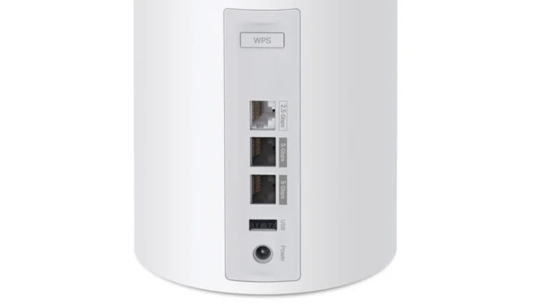 Rear panel of a white Deco BE65 Pro node with a WPS button, a 2.5 Gbps port, two 5 Gbps ports, a USB port and the power input